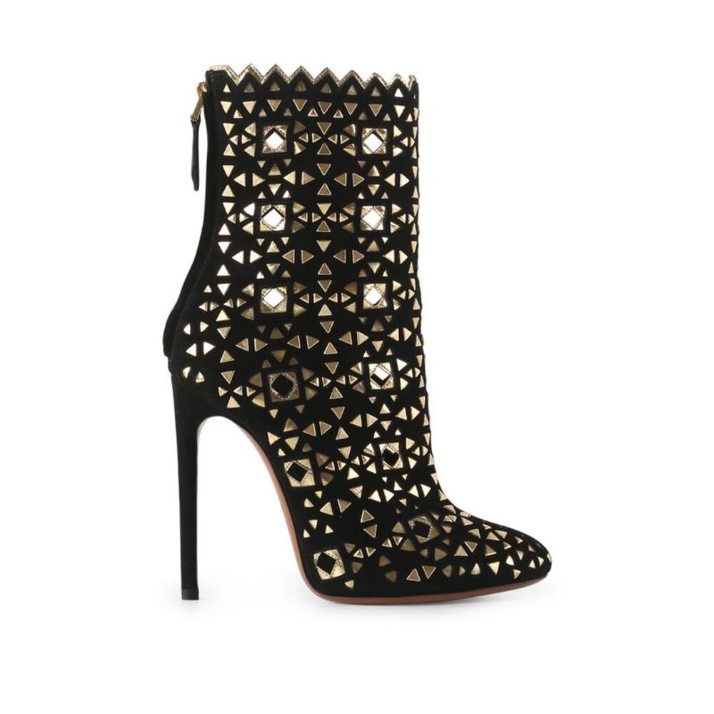 Alaia Black And Gold Suede Boots With Mirror Details